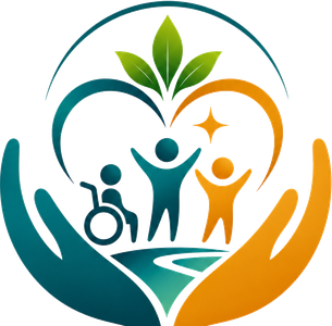 Om Sewa, LLC emblem — cupped hands holding three figures beneath sprouting leaves