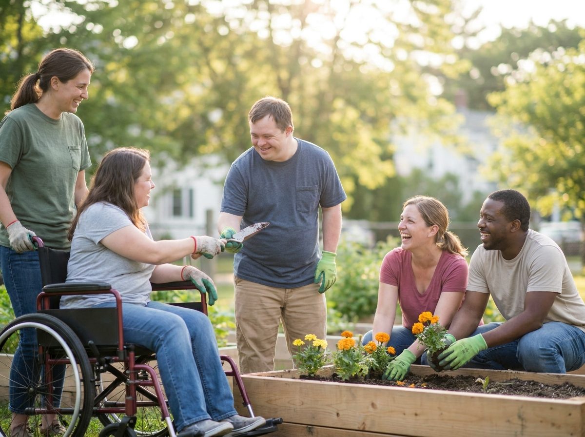 Individuals and staff enjoying an authentic, everyday moment of community life